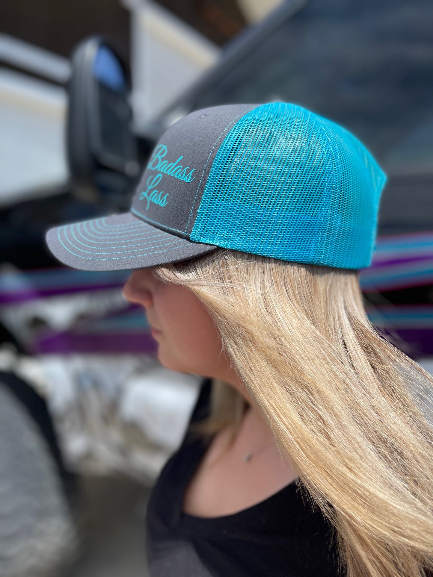 Teal and charcoal hat