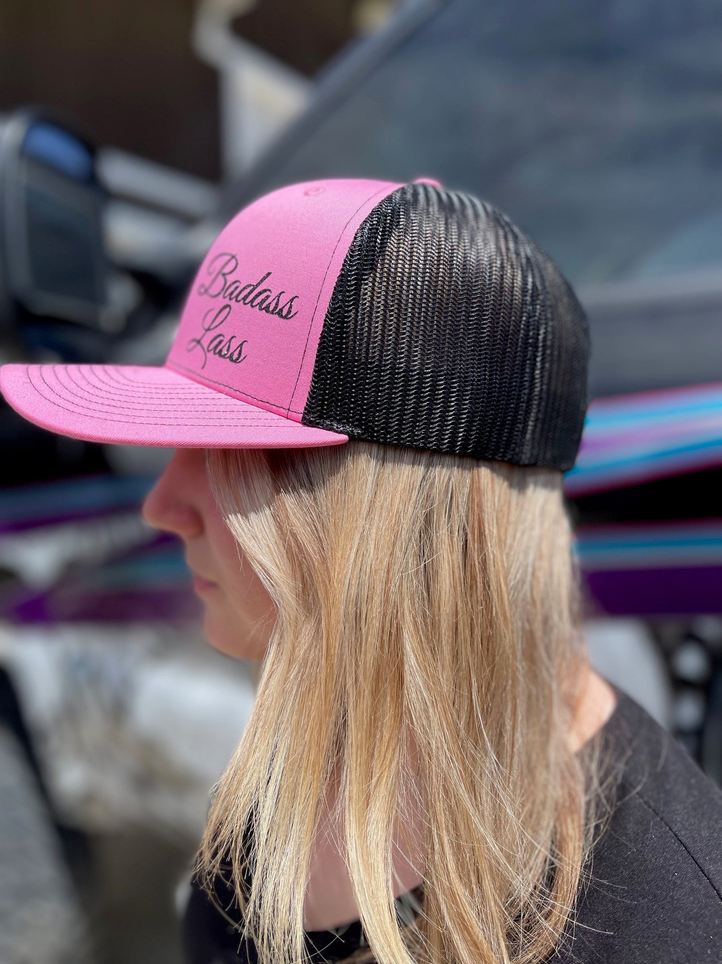 Pink and black hat