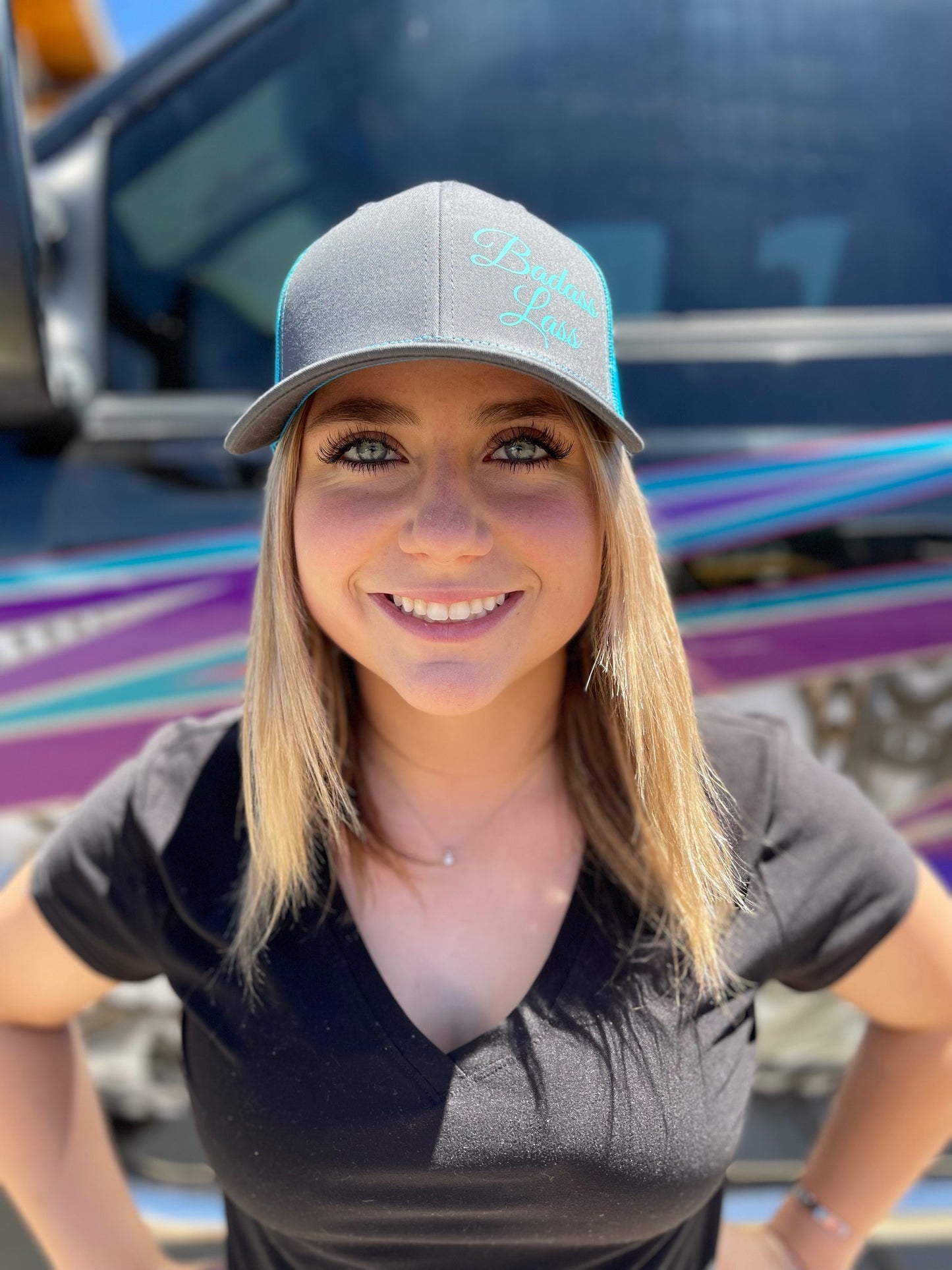 Teal and charcoal hat