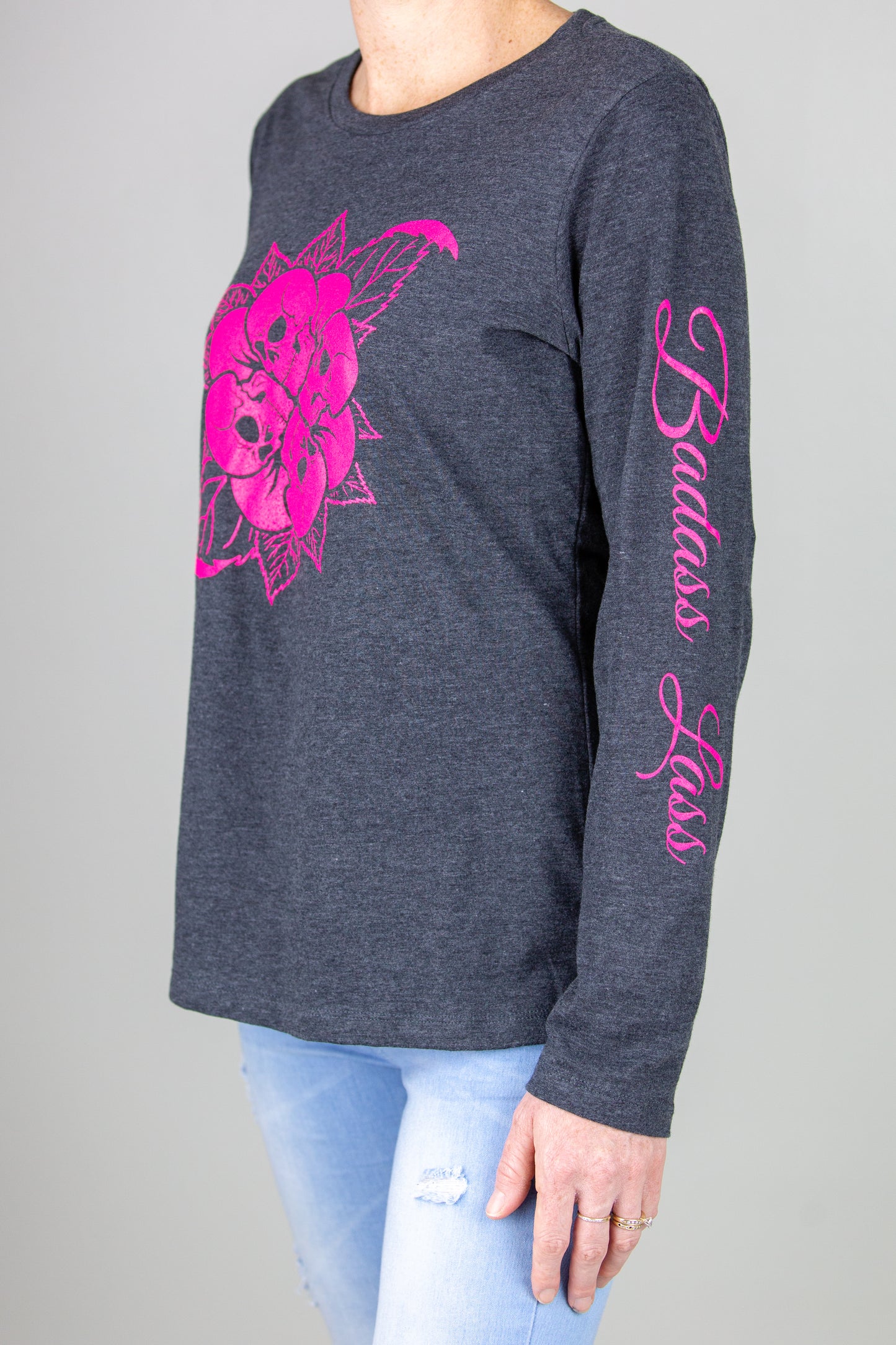 Long Sleeve in Dark Heather Grey w/pink skull flower